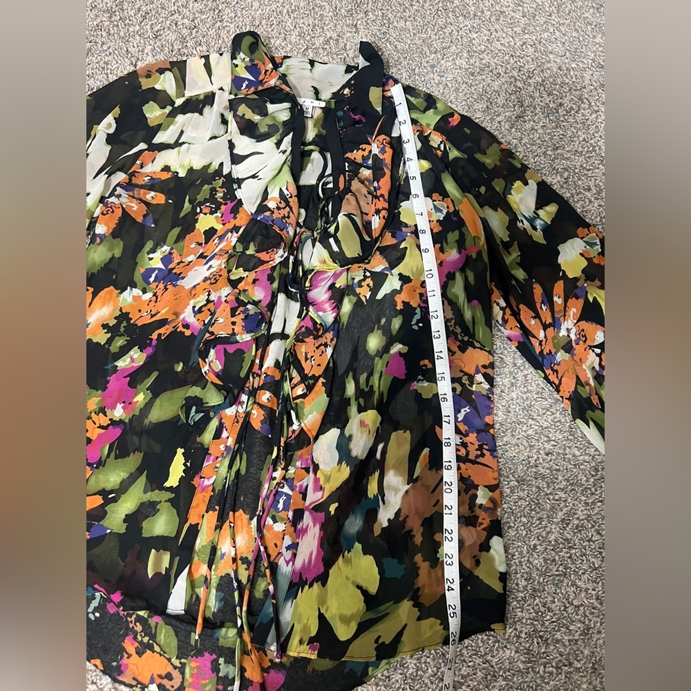 Cabi Top multicolor black floral cascade ruffle tie-front semi-sheer blouse - Picture 9 of 9